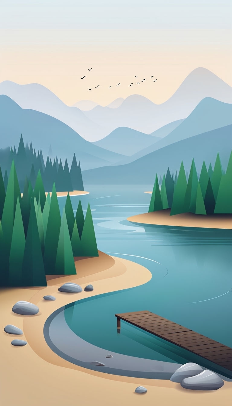 Serene Lake and Hills Minimalist Vector Illustration Mobile Wallpaper