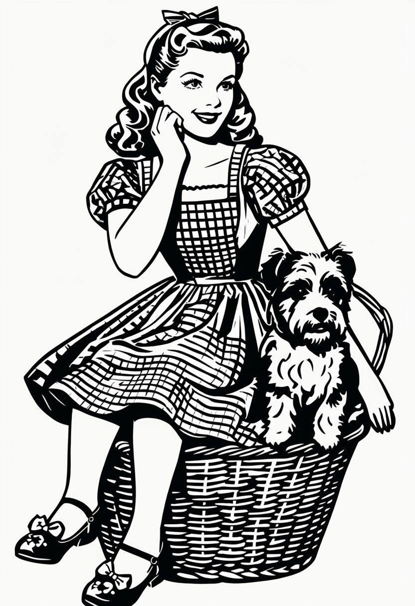 Vintage Dorothy and Toto in Basket Coloring Book Page