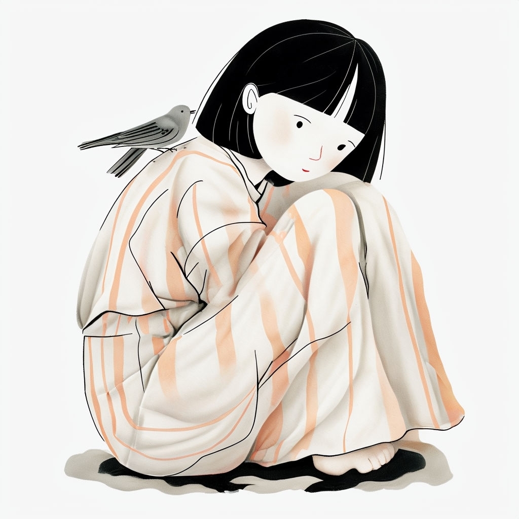 Minimalist Illustration of a Girl with a Bird on Shoulder Art