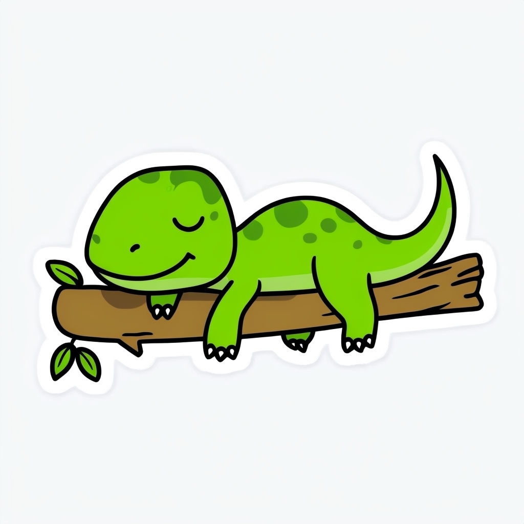 Cute Green T-Rex Cartoon Relaxing on a Branch Sticker