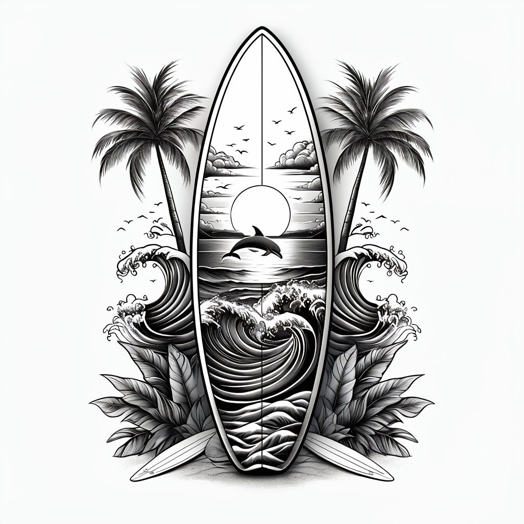 Intricate Black and White Surfboard Tropical Scene Art