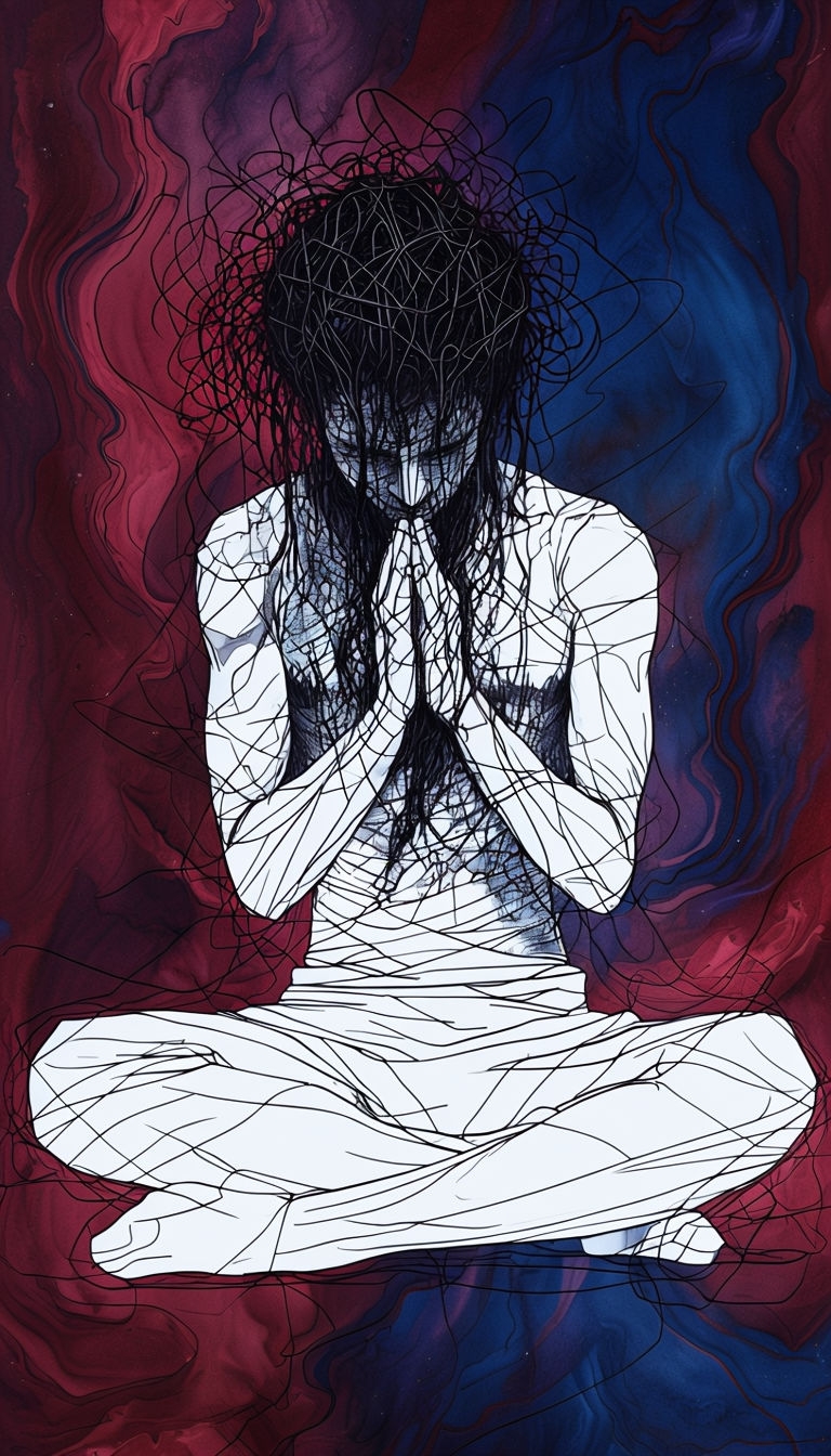 Somber Contemplative Figure with Abstract Swirling Background Mobile Wallpaper