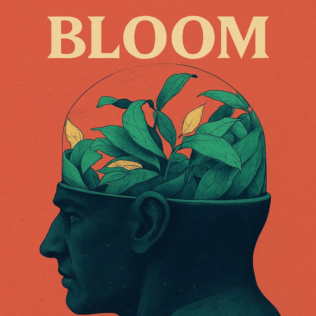 Surreal Human Head with Leaves and Bloom Typography Album Cover