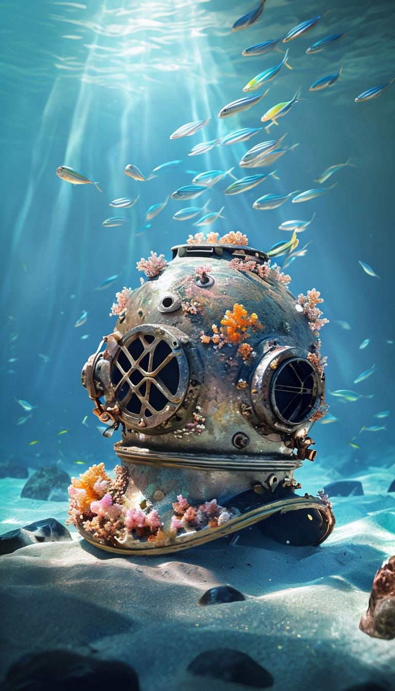 Weathered Iron Diving Helmet Underwater Artwork Mobile Wallpaper