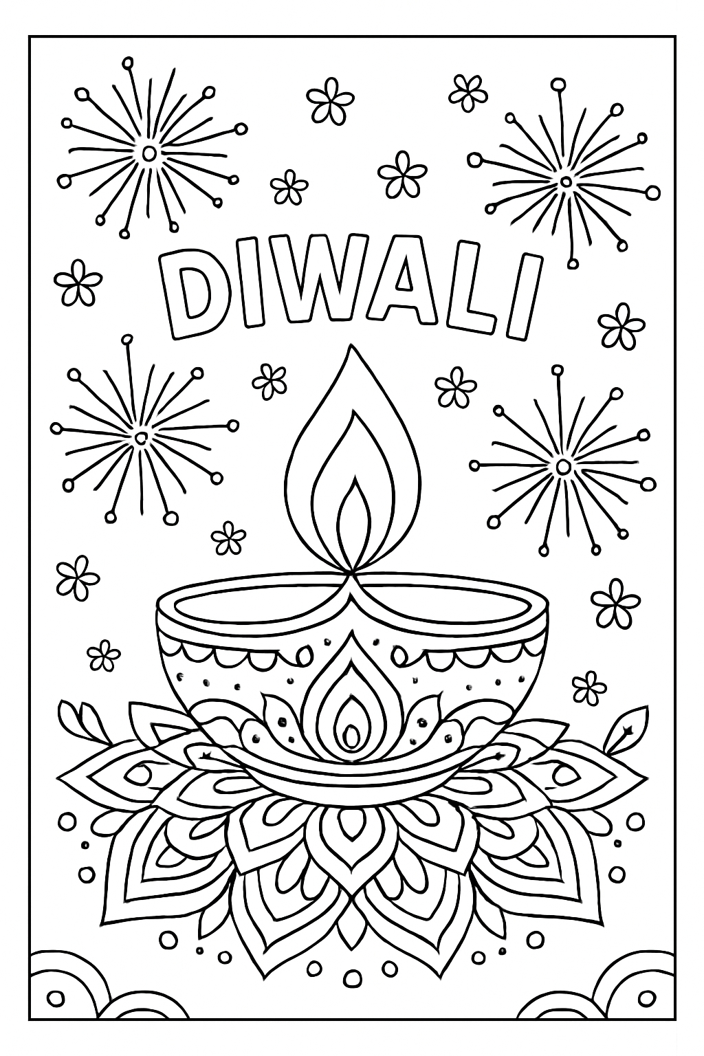 Diwali Festival Diya Line Drawing Coloring Page Design
