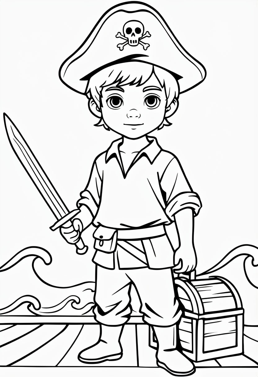 Young Pirate Boy Outline Drawing for Coloring Book Pages