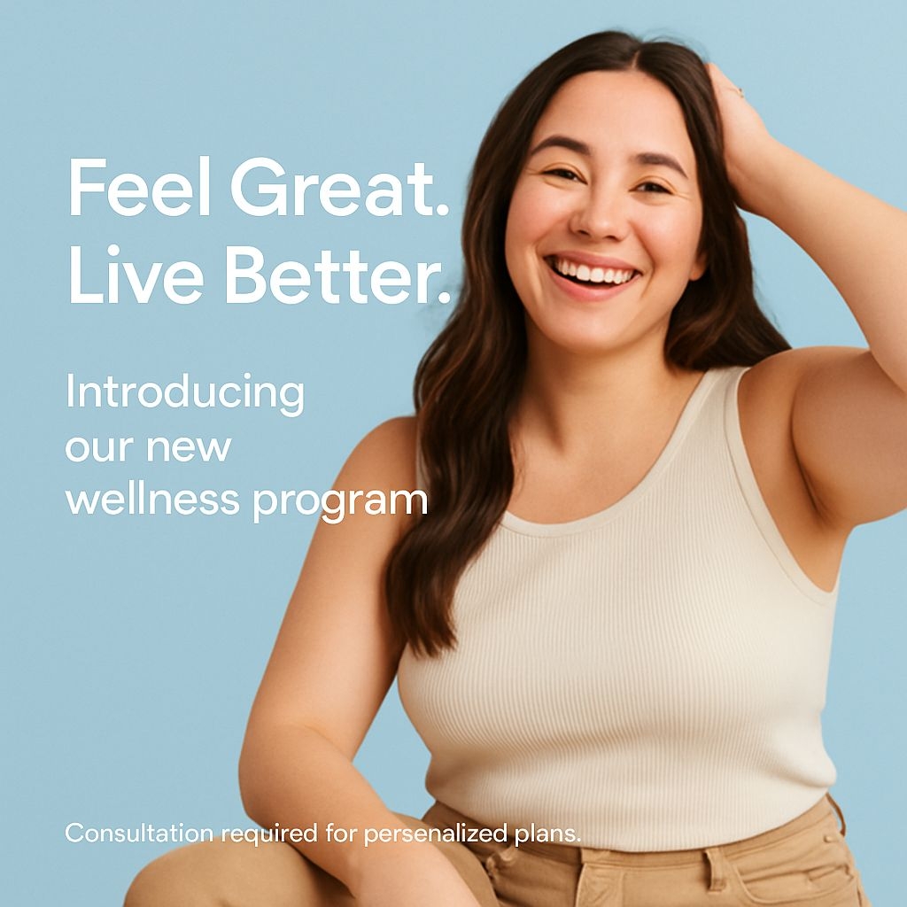 Smiling Woman Promoting Wellness Program with Soft Blue Background Ads