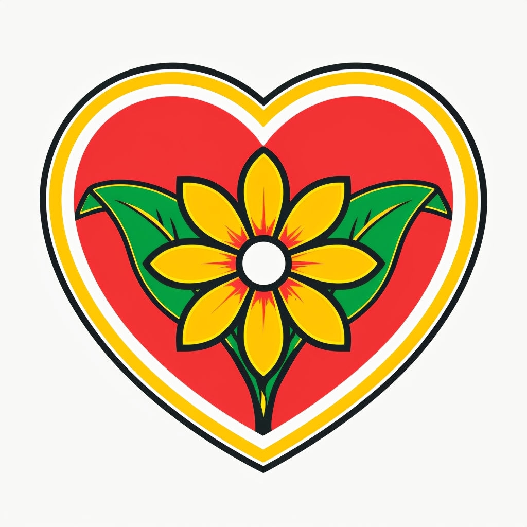 Vibrant Heart-Shaped Emblem with Flower and Leaves Sticker