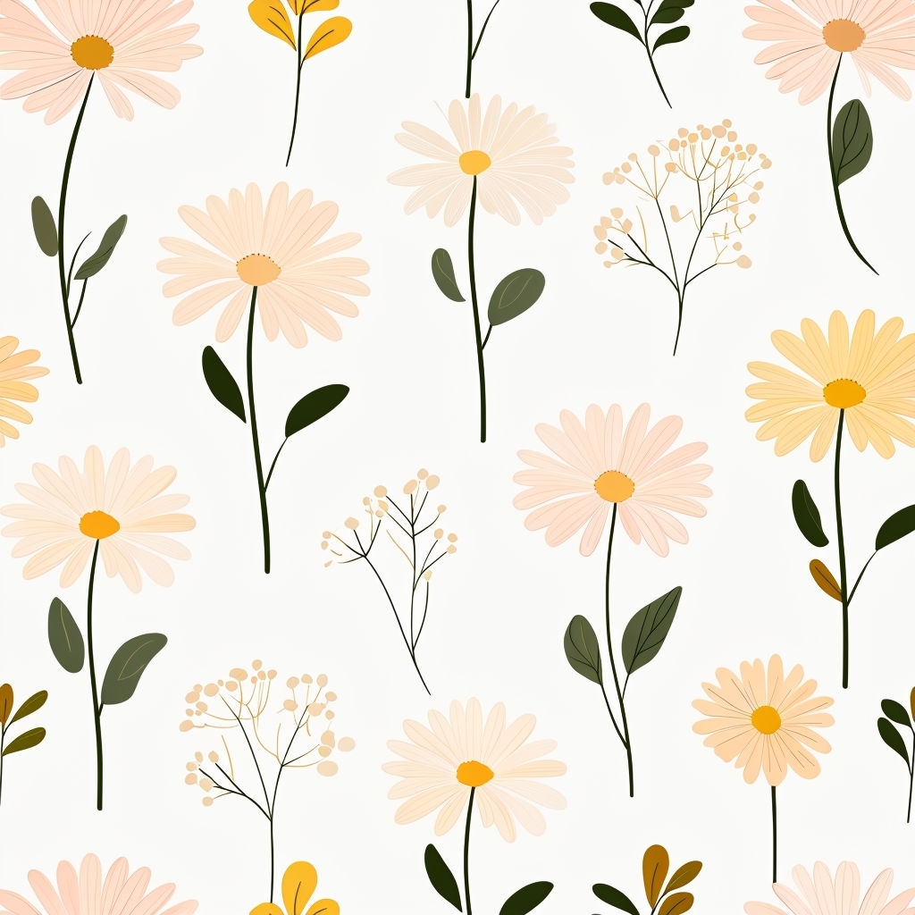 Soft Pastel Daisy Floral Pattern on White Background Seamless Pattern