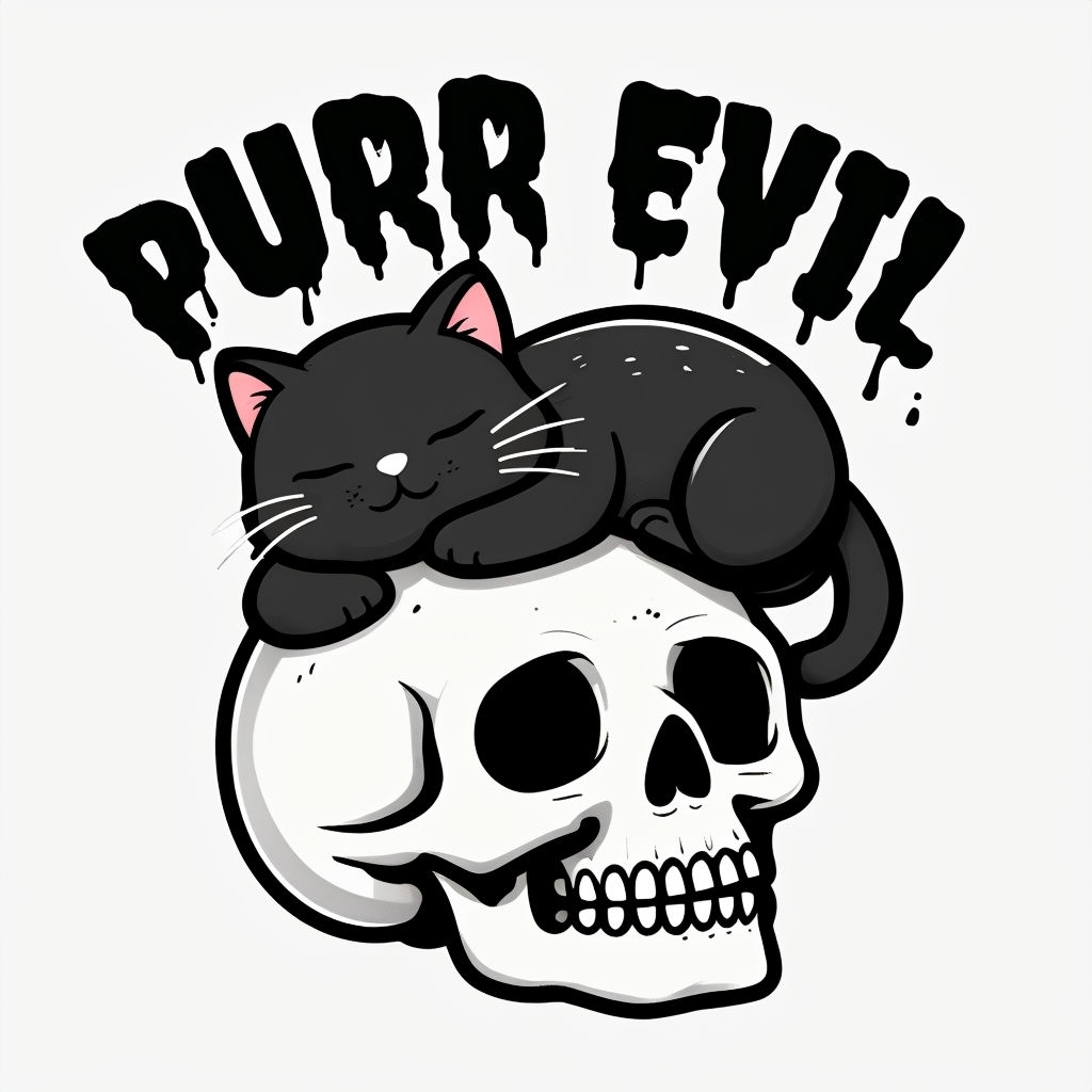 Whimsical Sleeping Black Cat on Skull with Purr Evil Text T-Shirt