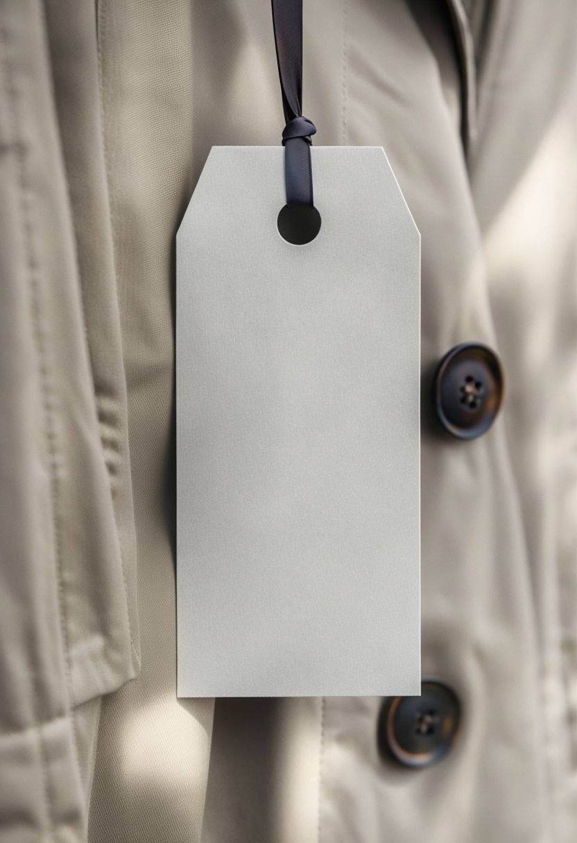 Elegant Hanging Garment Tag with Trench Coat Photography Mockup