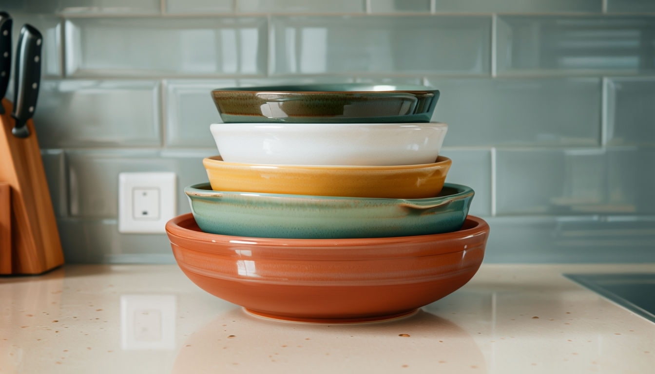 Stylish Ceramic Bowls Arrangement for Modern Kitchen Background