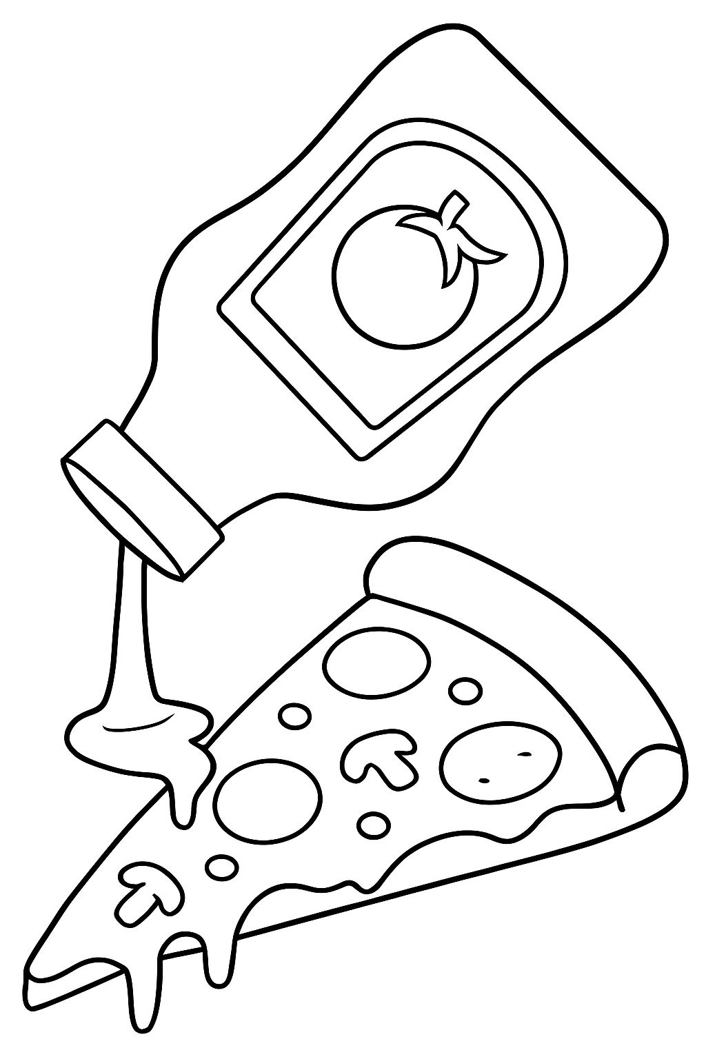 Ketchup Bottle Pouring on Pizza Slice Line Art Coloring Page