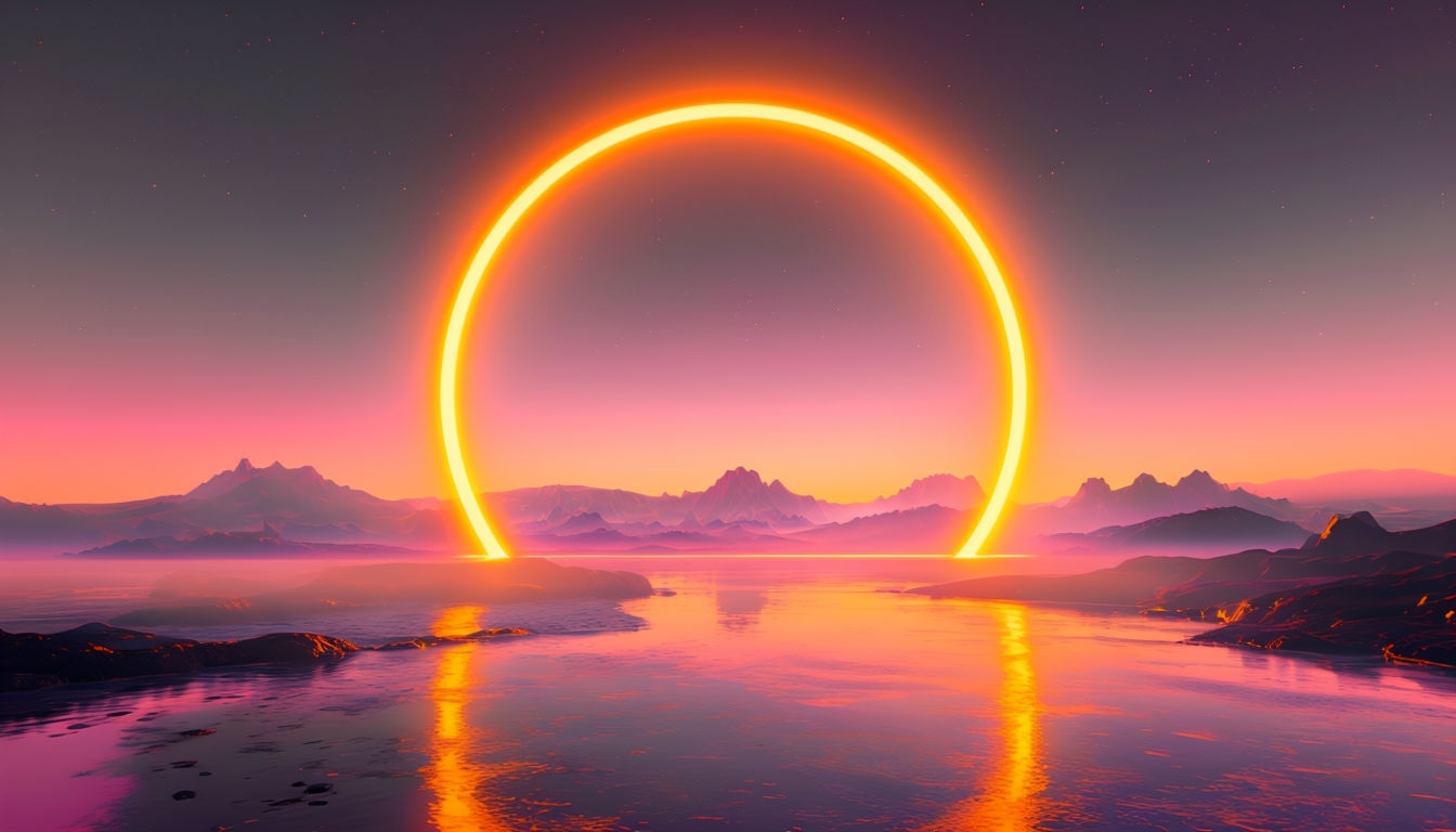 Surreal Twilight Landscape with Neon Halo Virtual Background