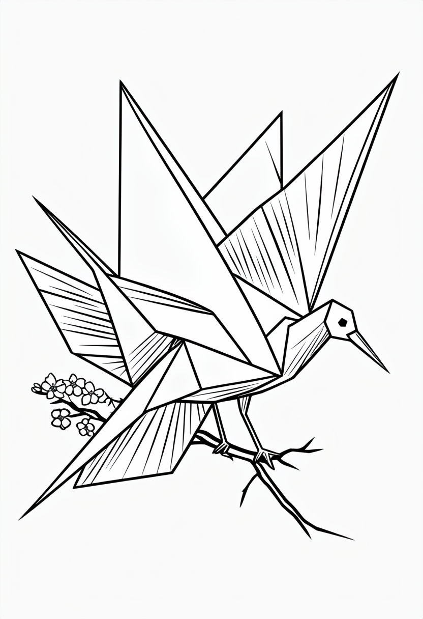 Living Origami Crane with Cherry Blossom Drawing for Coloring Book Pages