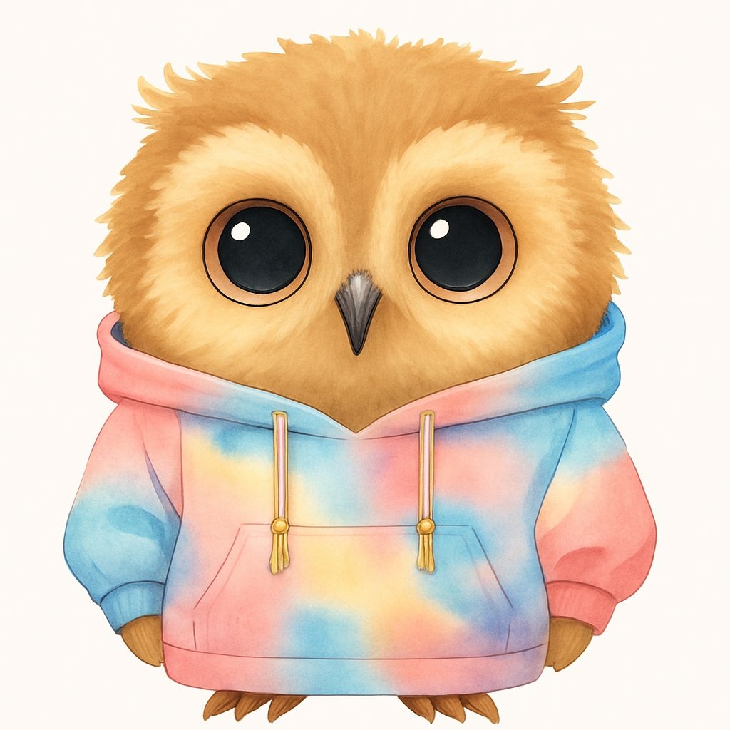 Adorable Owl in Colorful Tie-Dye Hoodie Illustration Sticker