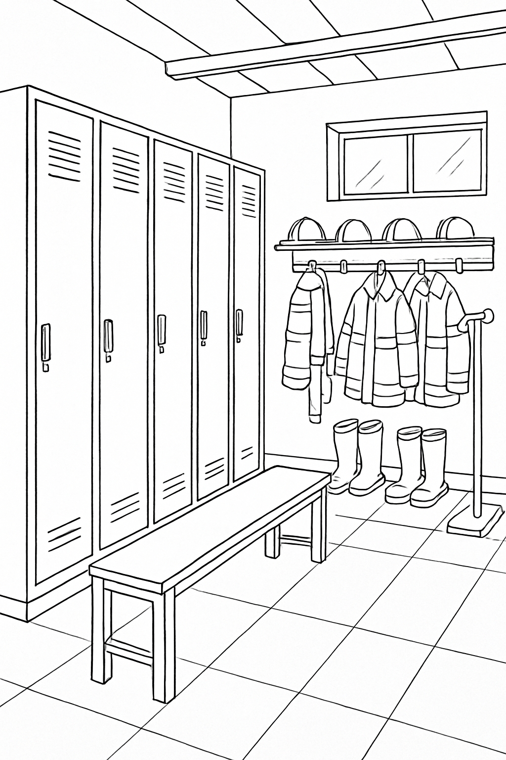 Detailed Fire Station Locker Room Line Drawing Coloring Page