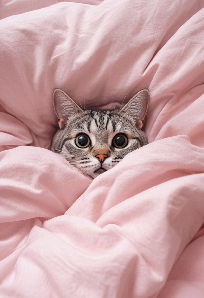 Adorable Gray Tabby Cat Peeking from Pink Bed Linens Art