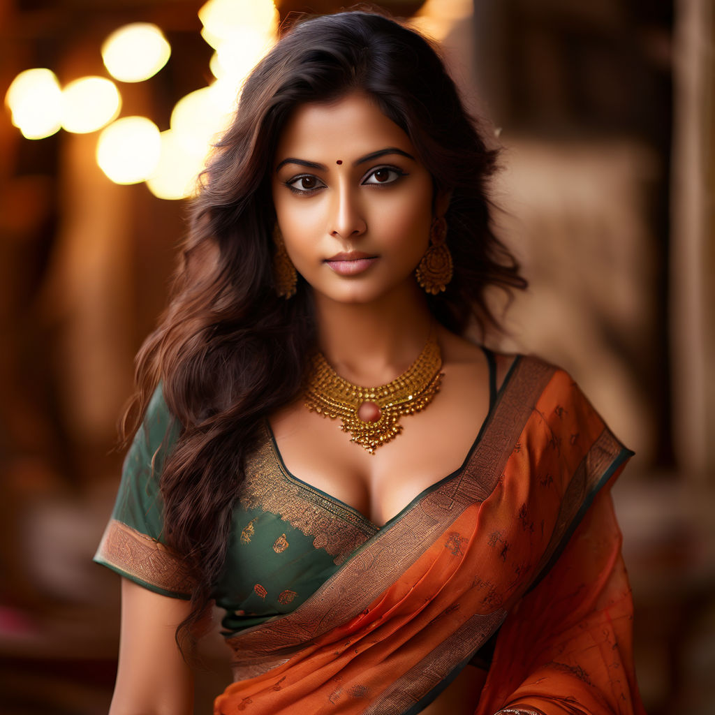 Full abstract face and body of a beautiful indian girl in revealing saree  and blouse looking seductively at the camera