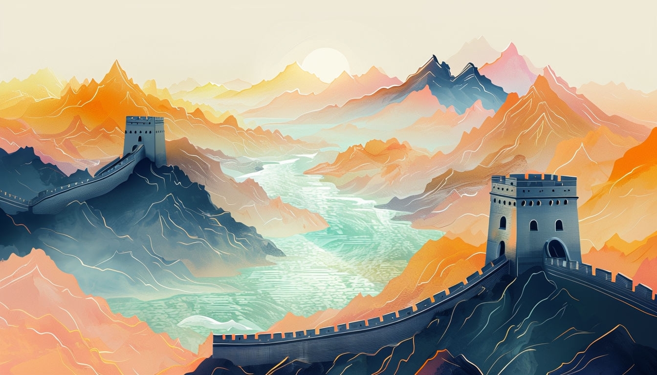 Serene Great Wall of China Landscape Digital Illustration Background