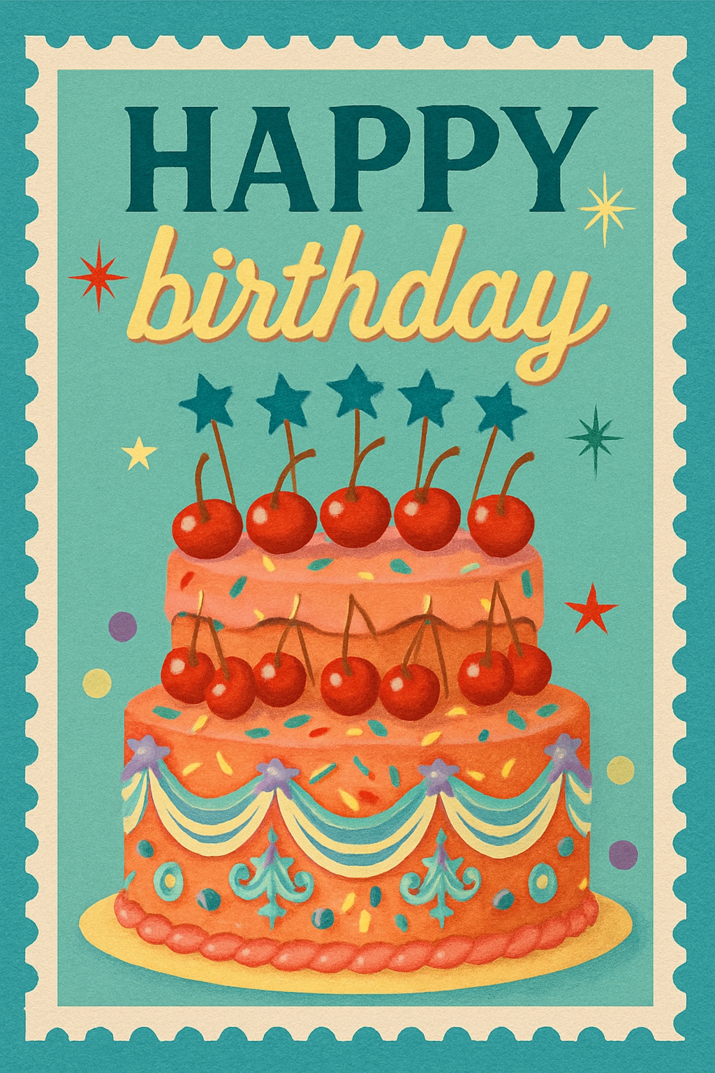 Vintage Two-Tiered Birthday Cake Card with Festive Decorations Cards & Invites