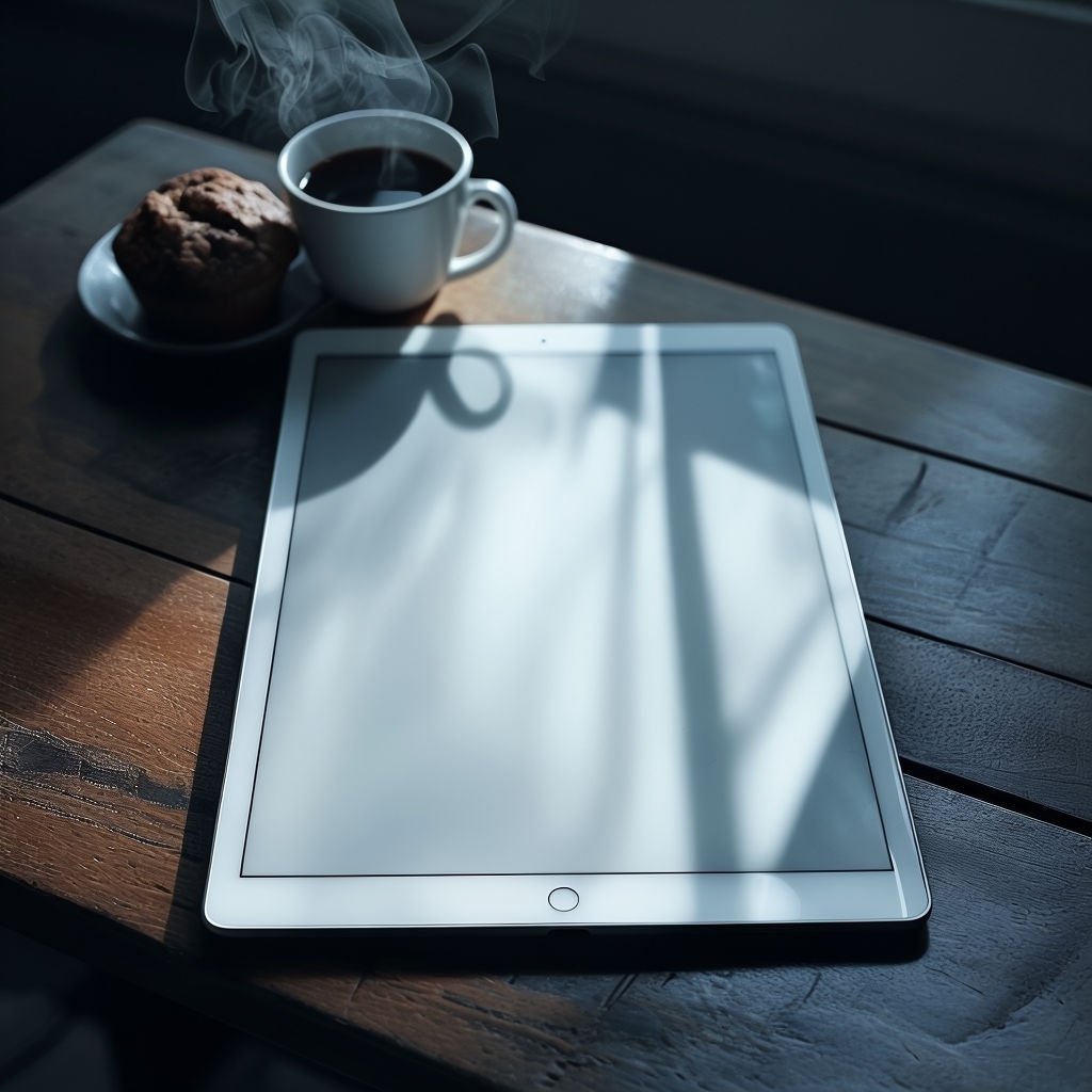 Minimalist Ipad and Coffee Scene Art for Serene Atmosphere Poster