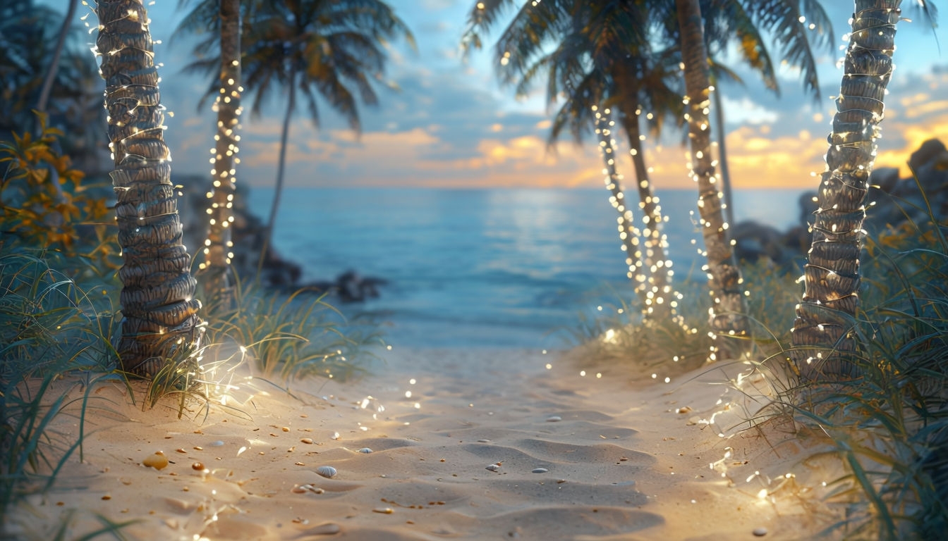 Serene Coastal Pathway with Palm Trees and Sunset Backgrounds