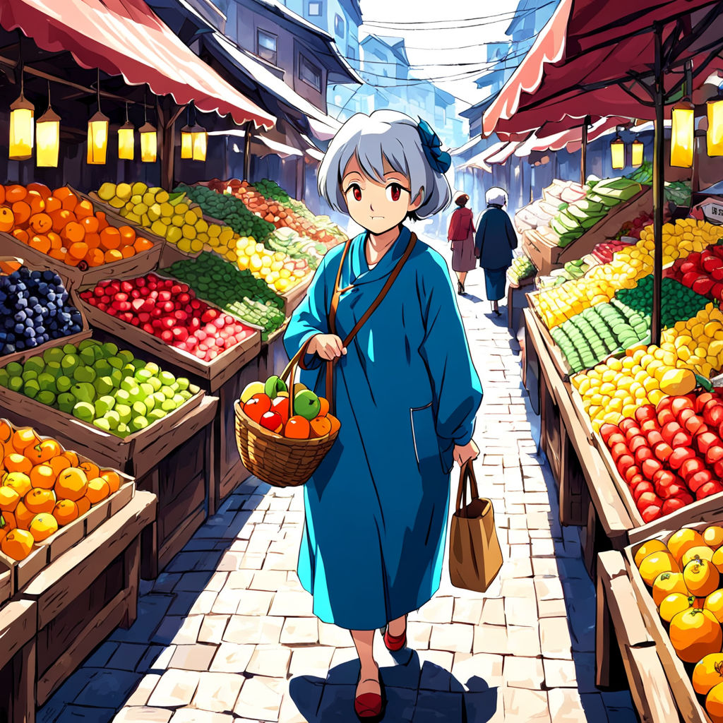 Grandma walking through the market with fruit in anime style by Руслан ...