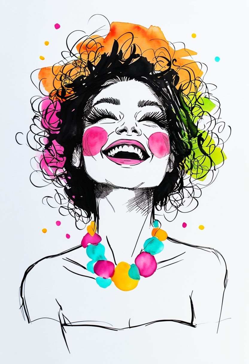 Joyful Woman Illustration with Colorful Accents and Confetti Art