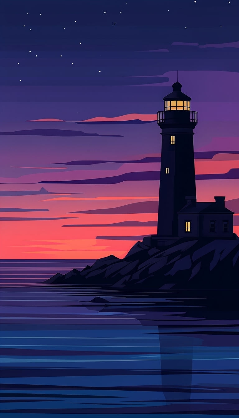 Tranquil Nighttime Lighthouse Landscape with Vibrant Sky Mobile Wallpaper