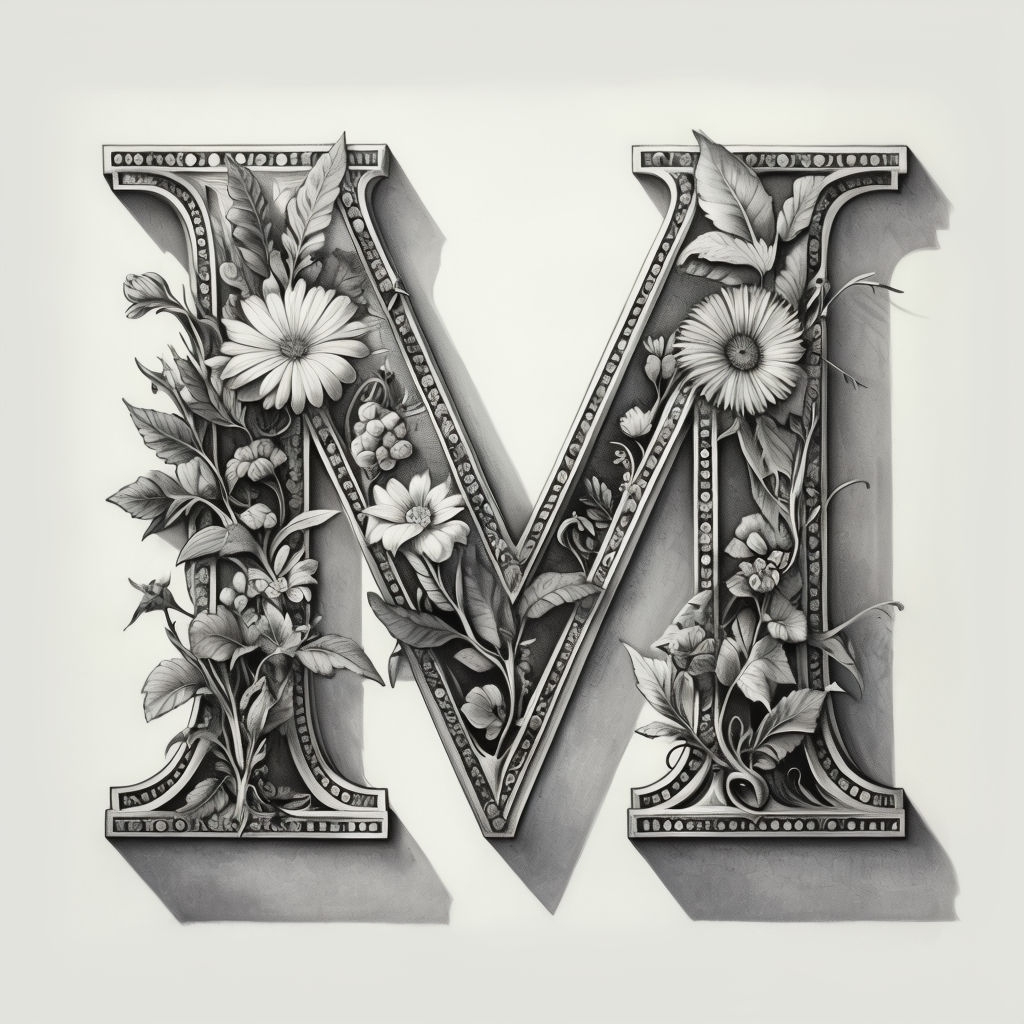 Elegant Grayscale Botanical Letter M Illustration Monogram