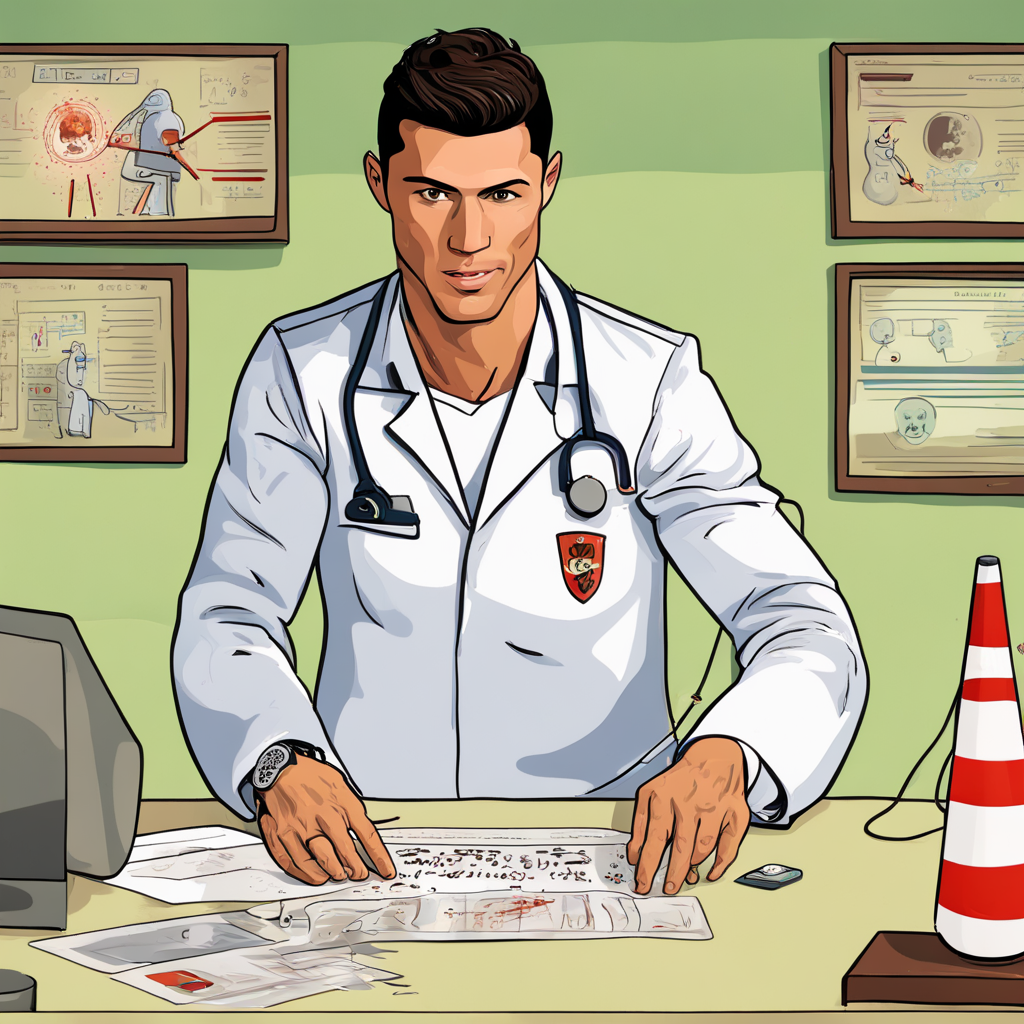 Cristiano Ronaldo manipulating radioactive samples cartoon by Mario