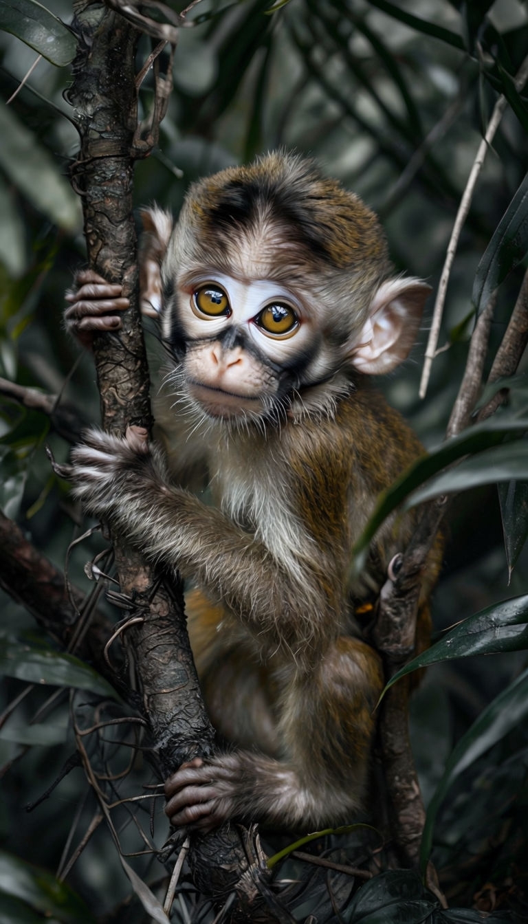 Captivating Close-Up of Young Monkey in Tropical Forest Mobile Wallpaper