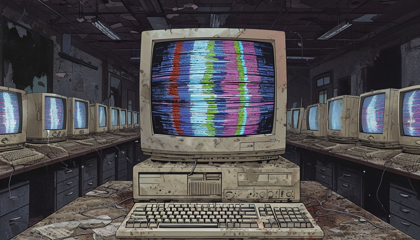 Abandoned Office with Glitchy CRT Monitors Virtual Background