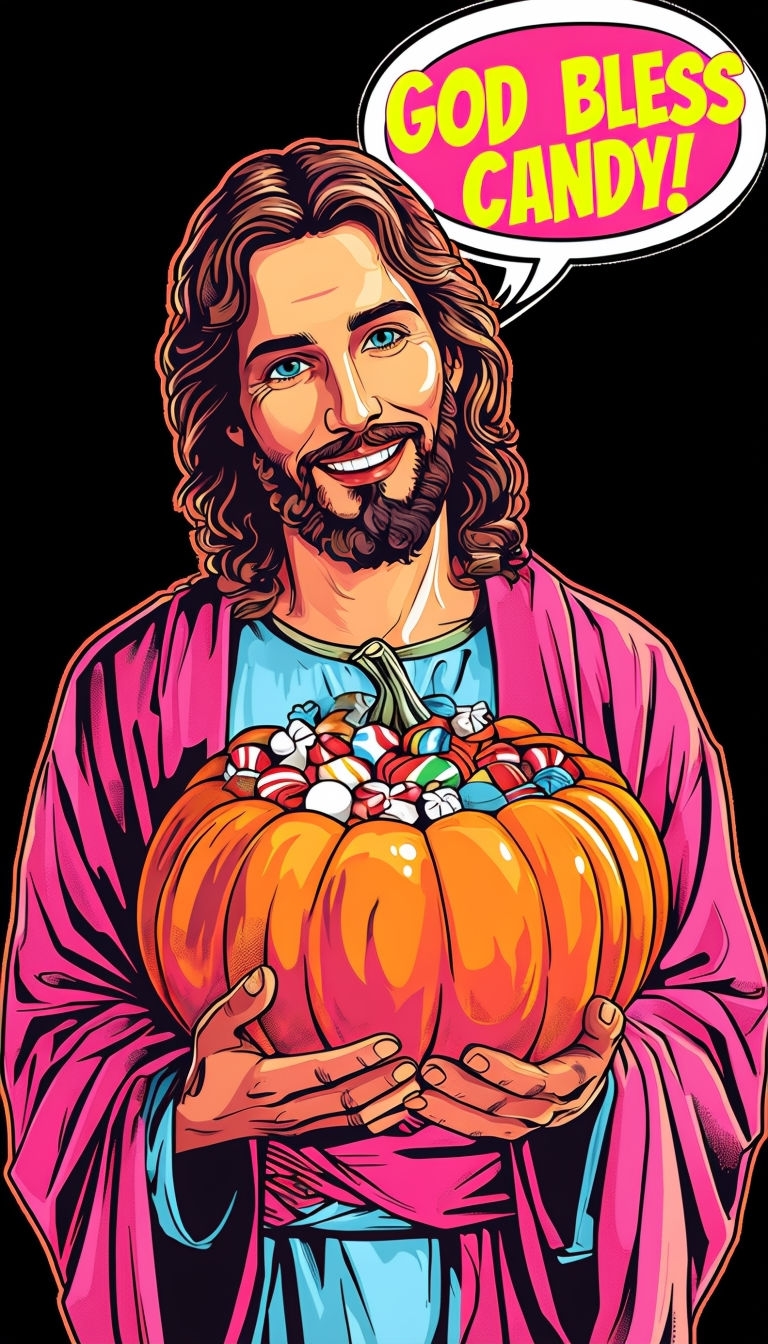 Cheerful Jesus with Pumpkin and Candy Digital Art Poster