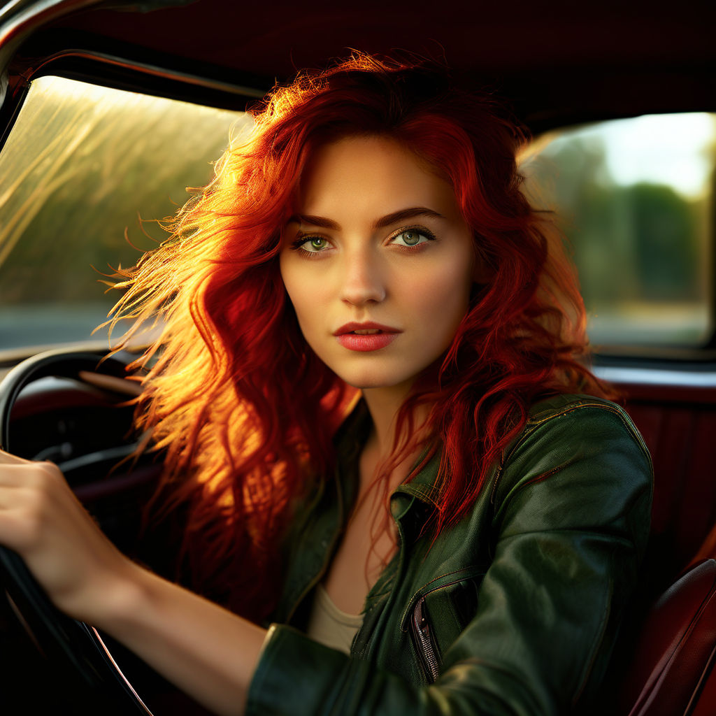 pretty redhead woman in a 2006 green mustang with high detail