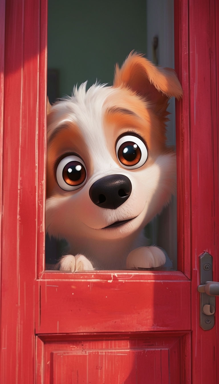 Cute Dog Peeking Through a Vibrant Red Door Illustration Mobile Wallpaper