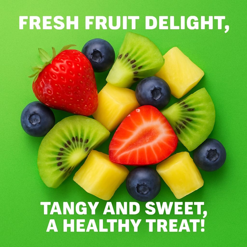 Vibrant Fresh Fruit Arrangement with Bold Text Advertisement