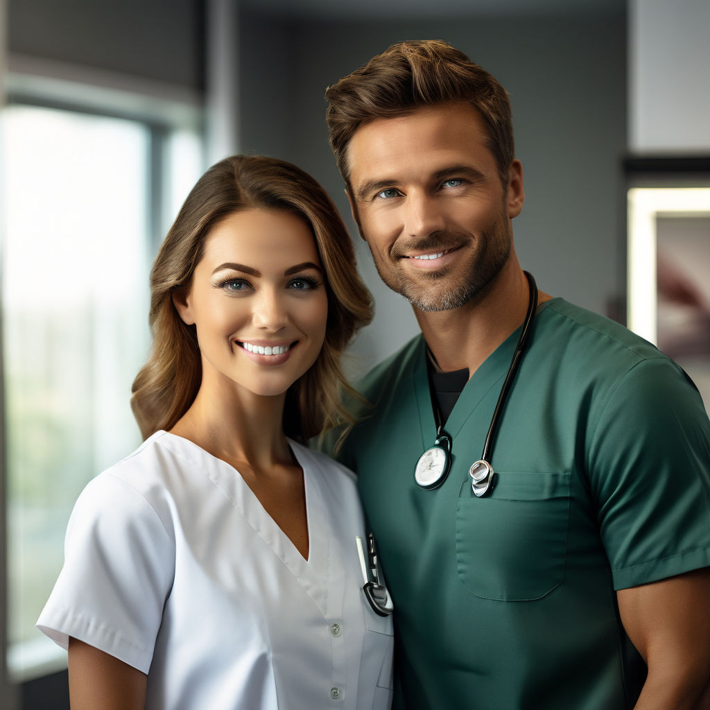 a brunette woman with a very pretty face in the form of a sexy nurse is  standing next to the patient. She is dressed in a transparent uniform . In  the background