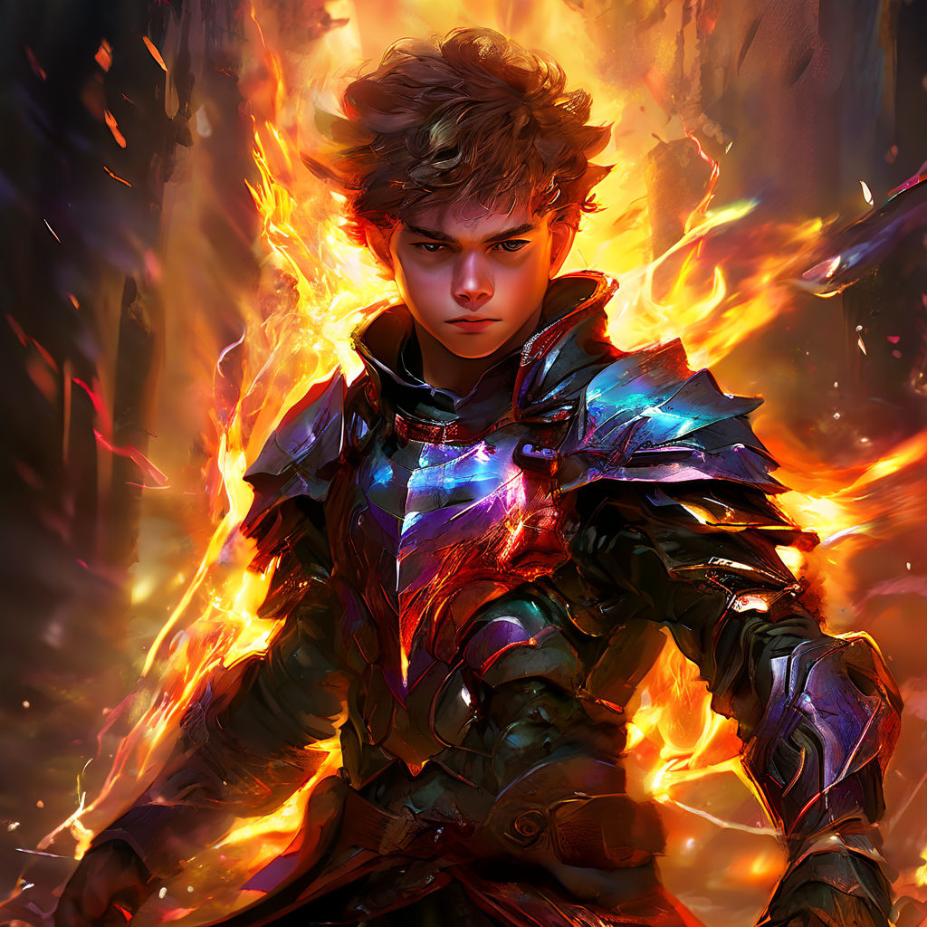 Anime guy wearing full iron armour on fire v2