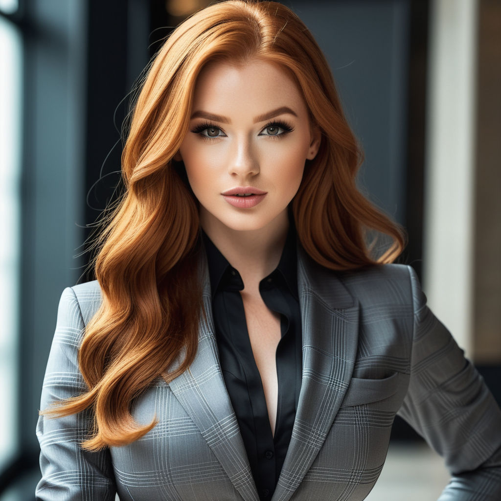 short feminine redhead in a suit blue eyes mid twenties