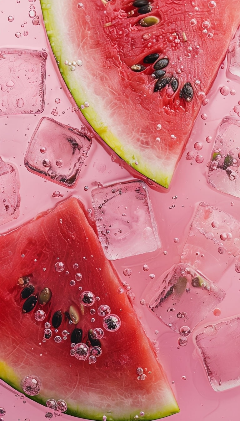 Refreshing Watermelon Slices with Ice and Bubbles Macro Photography Mobile Wallpaper