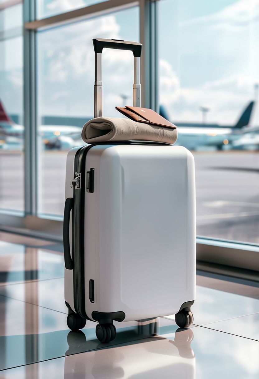 Sleek Modern Travel Suitcase Photographic Mockup in Airport Setting Mockups