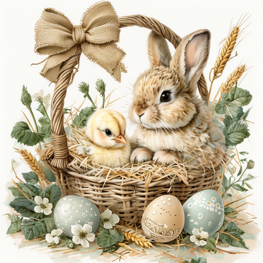 Whimsical Bunny and Chick Easter Basket Illustration T-Shirt