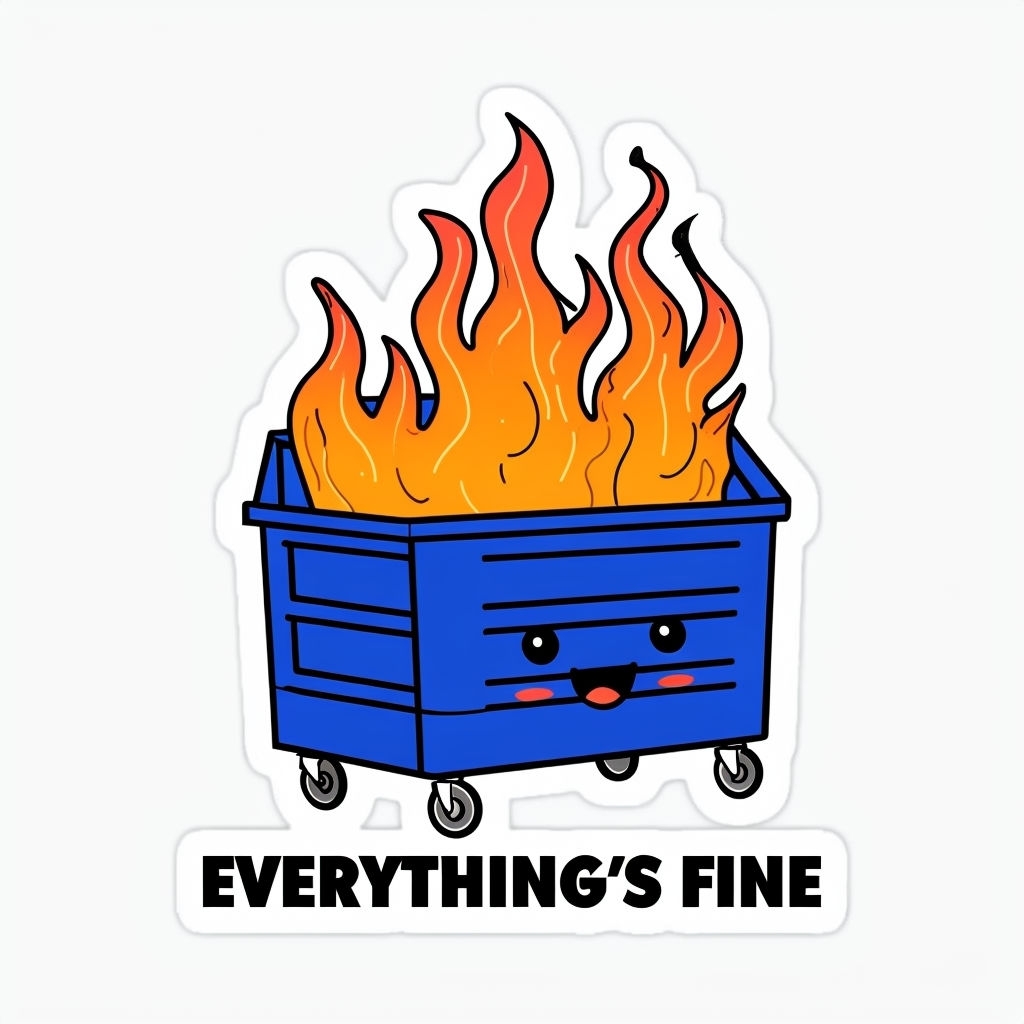 Cheerful Cartoon Royal Blue Dumpster with Flames Sticker