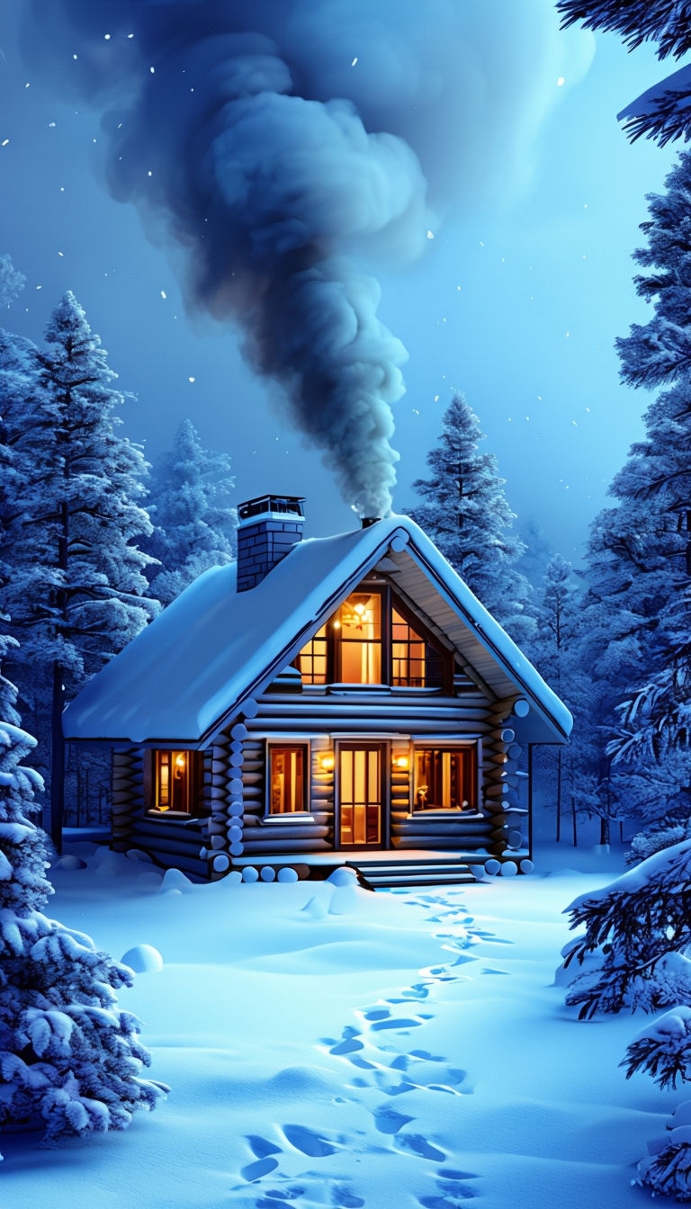 Cozy Winter Cabin Scene with Snowy Woods Art