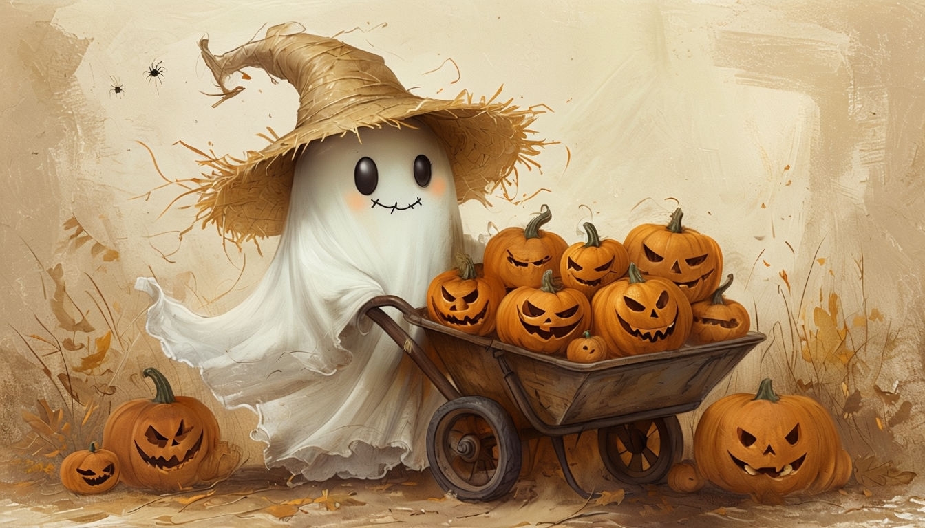 Whimsical Ghost with Pumpkins Halloween Art for Kids Poster