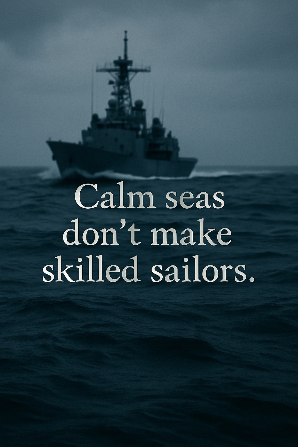 Dramatic Naval Warship Navigating Rough Seas with Quote Mobile Wallpaper