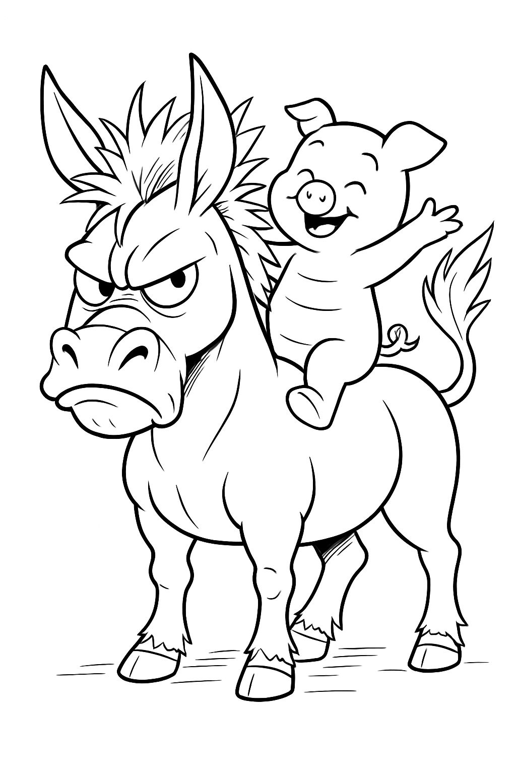 Annoyed Donkey and Cheerful Pig Cartoon Coloring Page