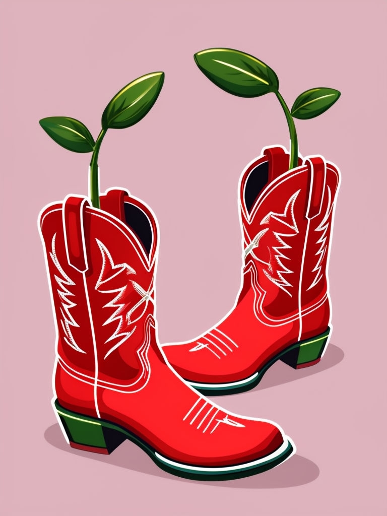 Vibrant Cherry Red Cowboy Boots with Whimsical Plant Design Poster